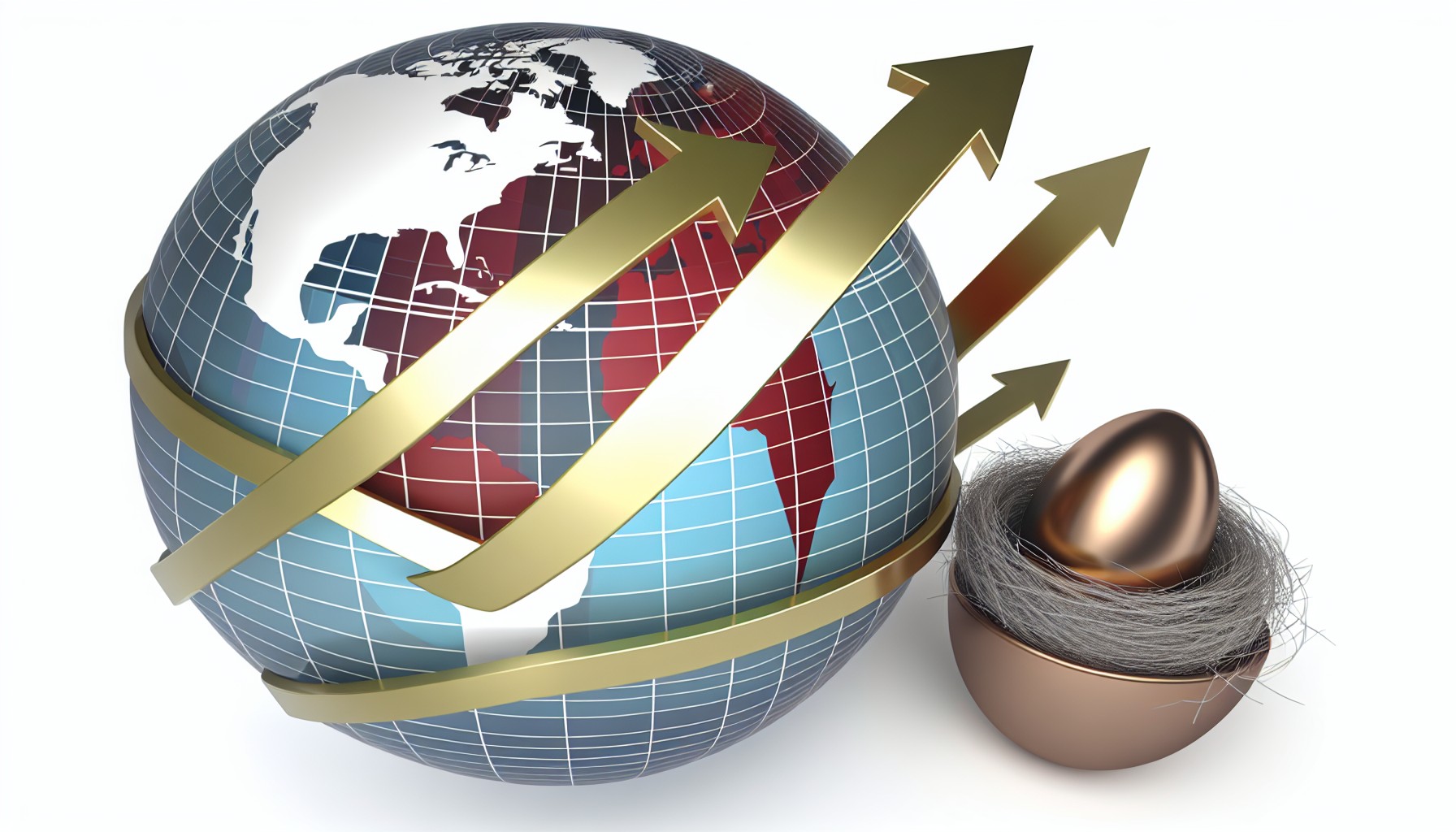 Editorial illustration of a stylized globe with financial chart lines and directional arrows flowing from North America toward international markets, with a nest egg representing retirement savings in the foreground