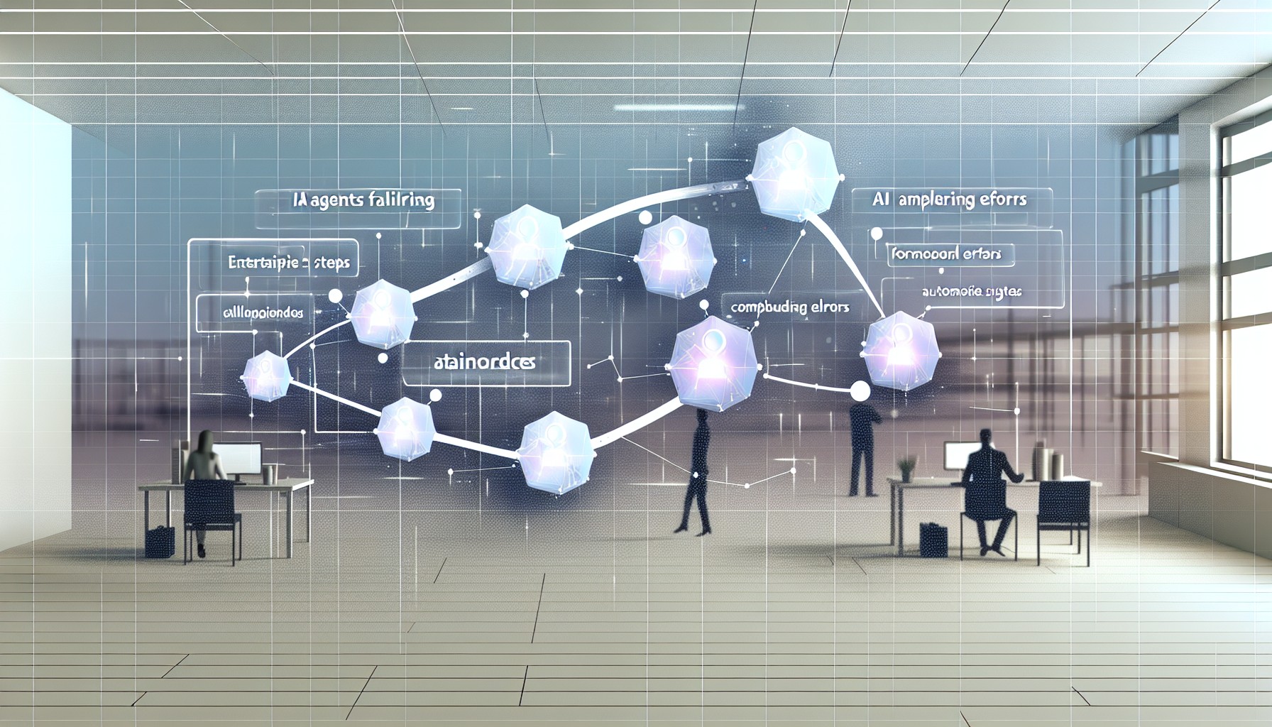 Abstract illustration of interconnected digital nodes with some breaking apart, representing AI agent compounding failures in automated enterprise workflows
