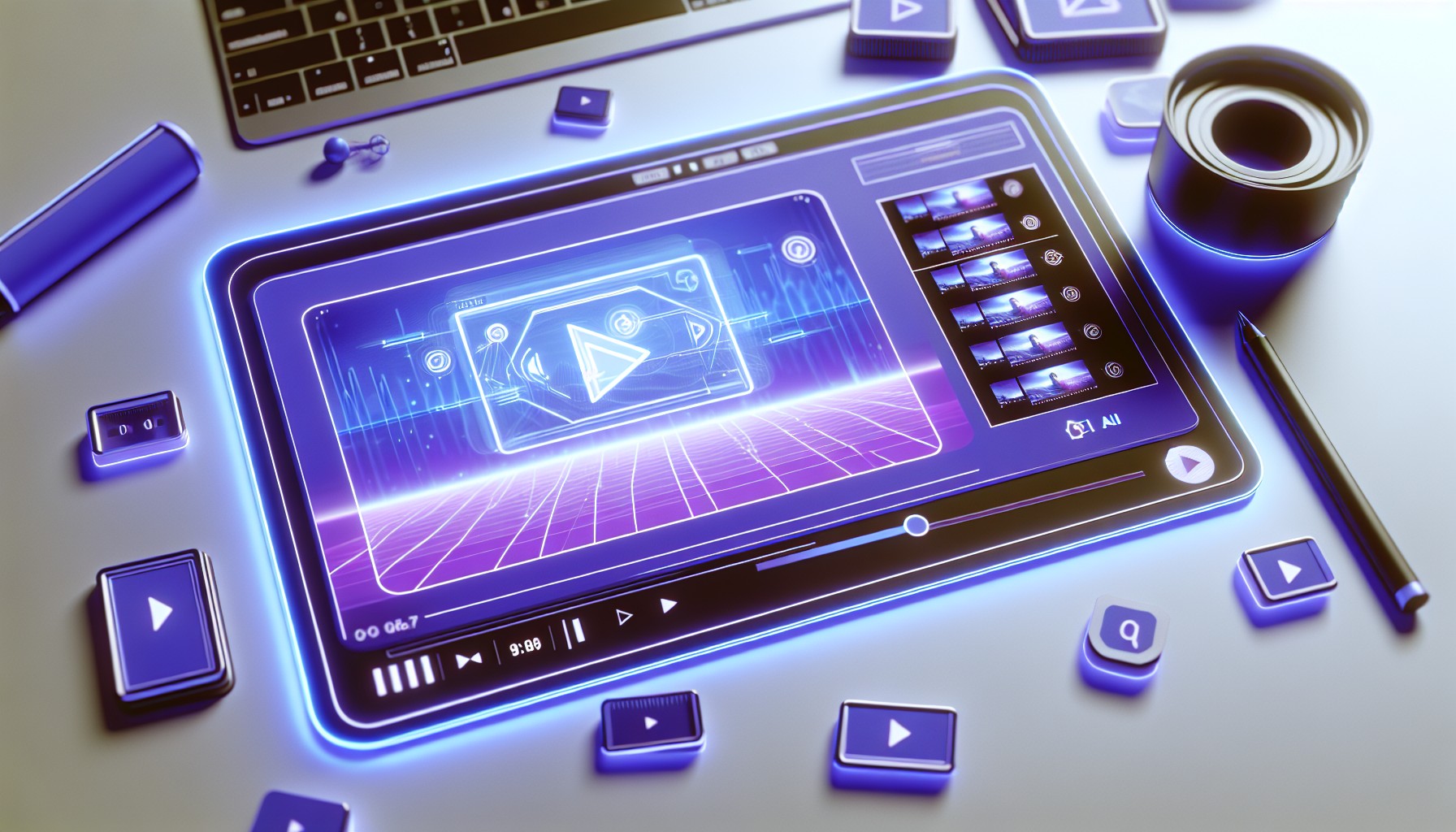 Modern digital workspace showing AI video generation timeline with floating video clips and cost indicators in blue-purple tones
