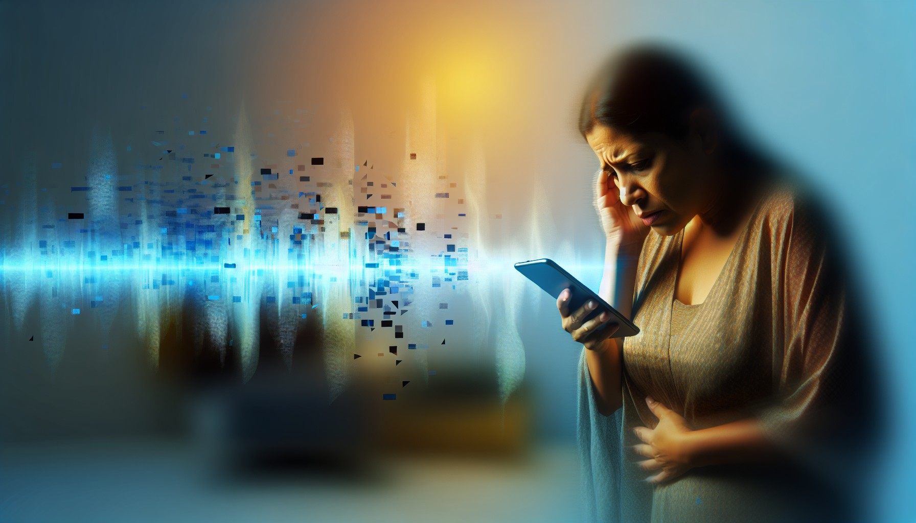 A worried parent holding a smartphone with digital sound waves distorting into glitchy fragments, representing an AI-cloned voice call