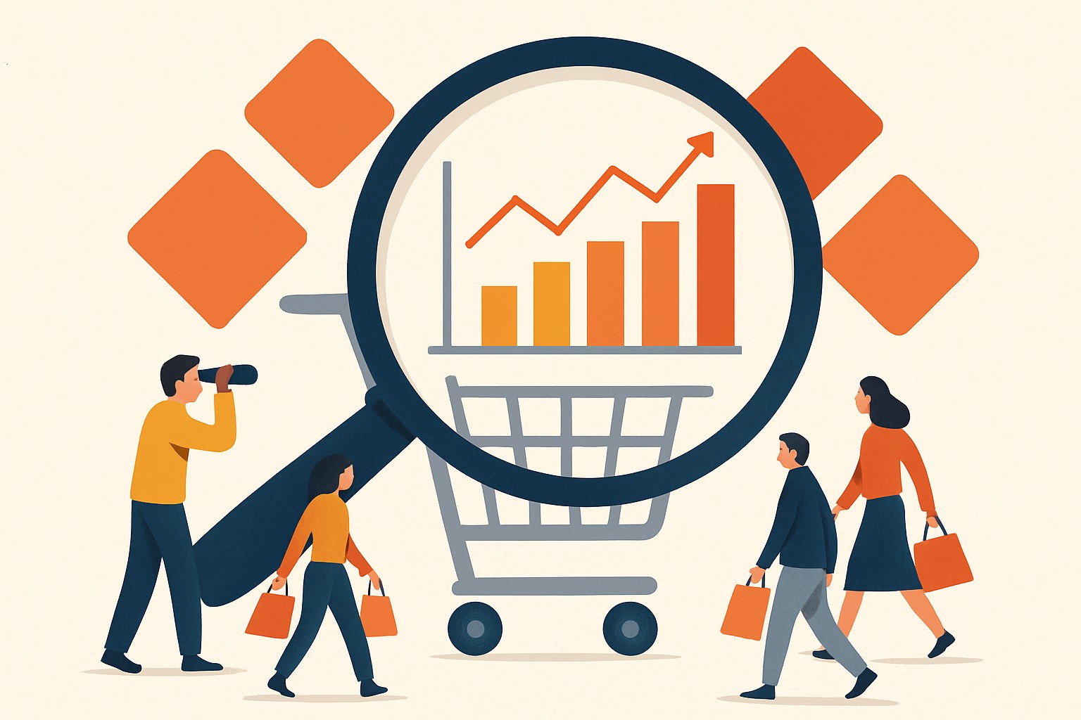 Stylized editorial illustration of a magnifying glass hovering over a generic shopping cart, revealing price history charts and bar graphs hidden beneath deal badges, with small figures of shoppers examining the data