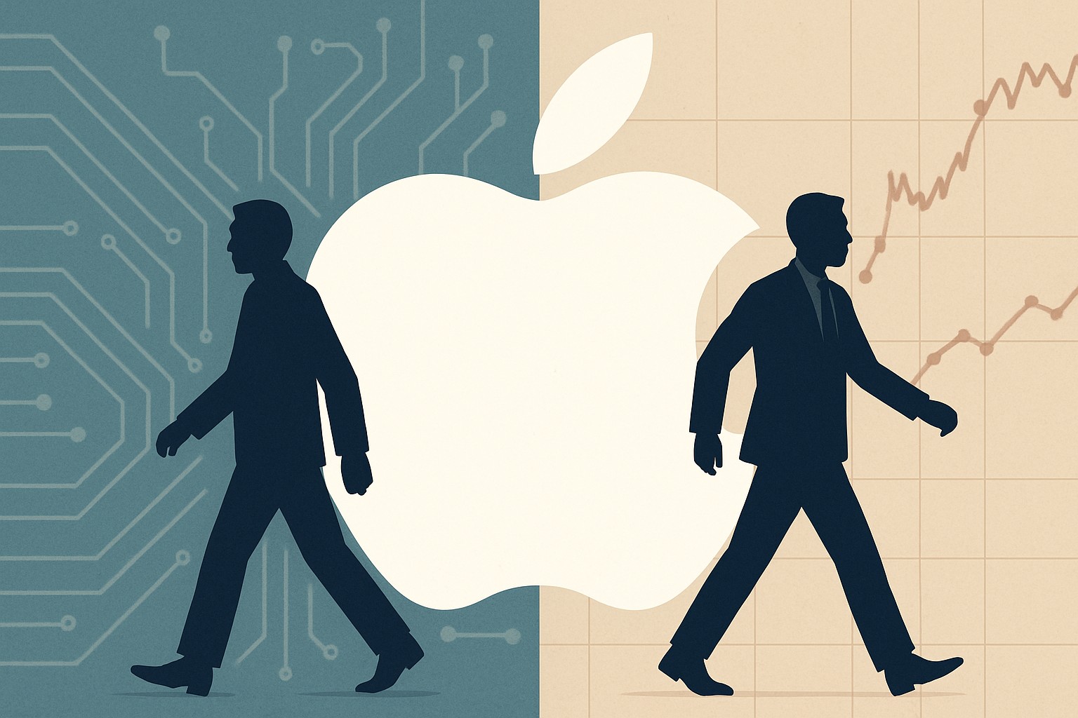 Editorial illustration of two business silhouettes flanking an Apple logo, one stepping aside and one stepping forward, with stock chart lines and circuit board patterns
