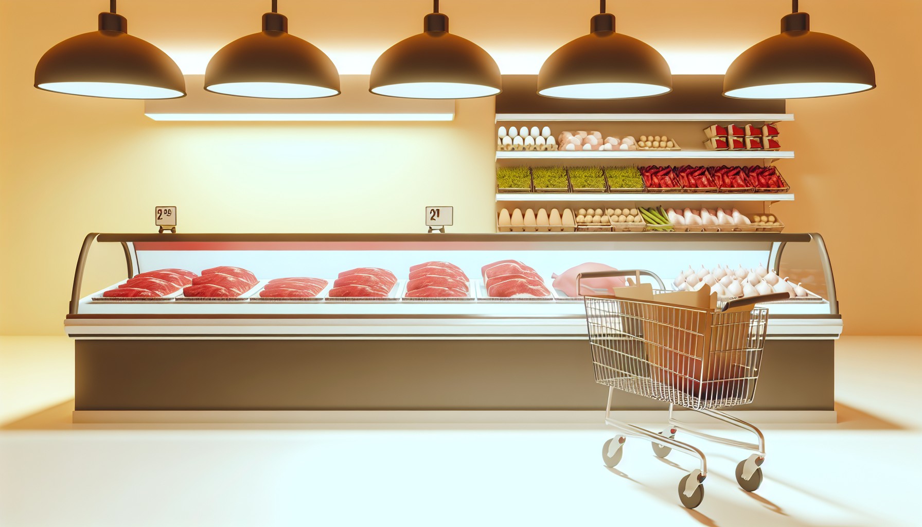 Grocery store meat counter with beef cuts and a shopping cart containing chicken, eggs, and legumes