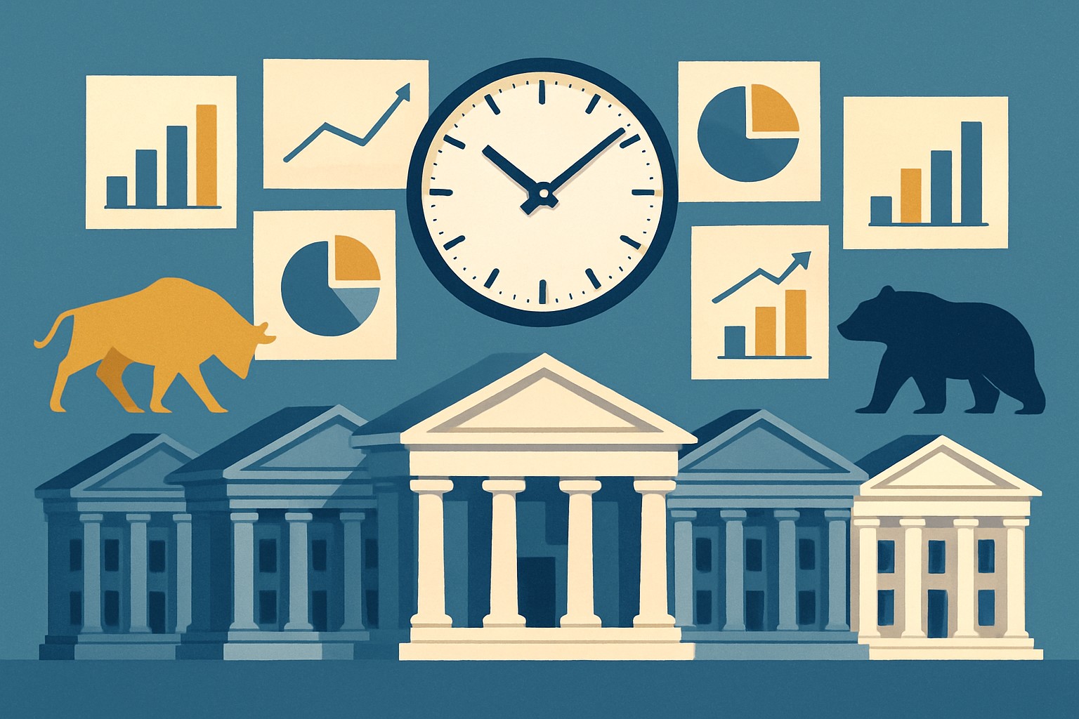 Financial illustration of six bank buildings with earnings charts and bull and bear silhouettes representing competing market theses
