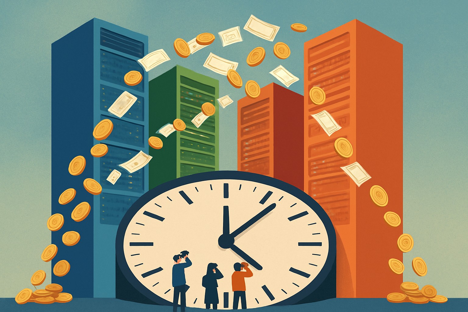 Stylized illustration of four server tower skyscrapers in tech company colors with golden coins flowing between them and a clock face approaching midnight, representing the AI capex investment timeline
