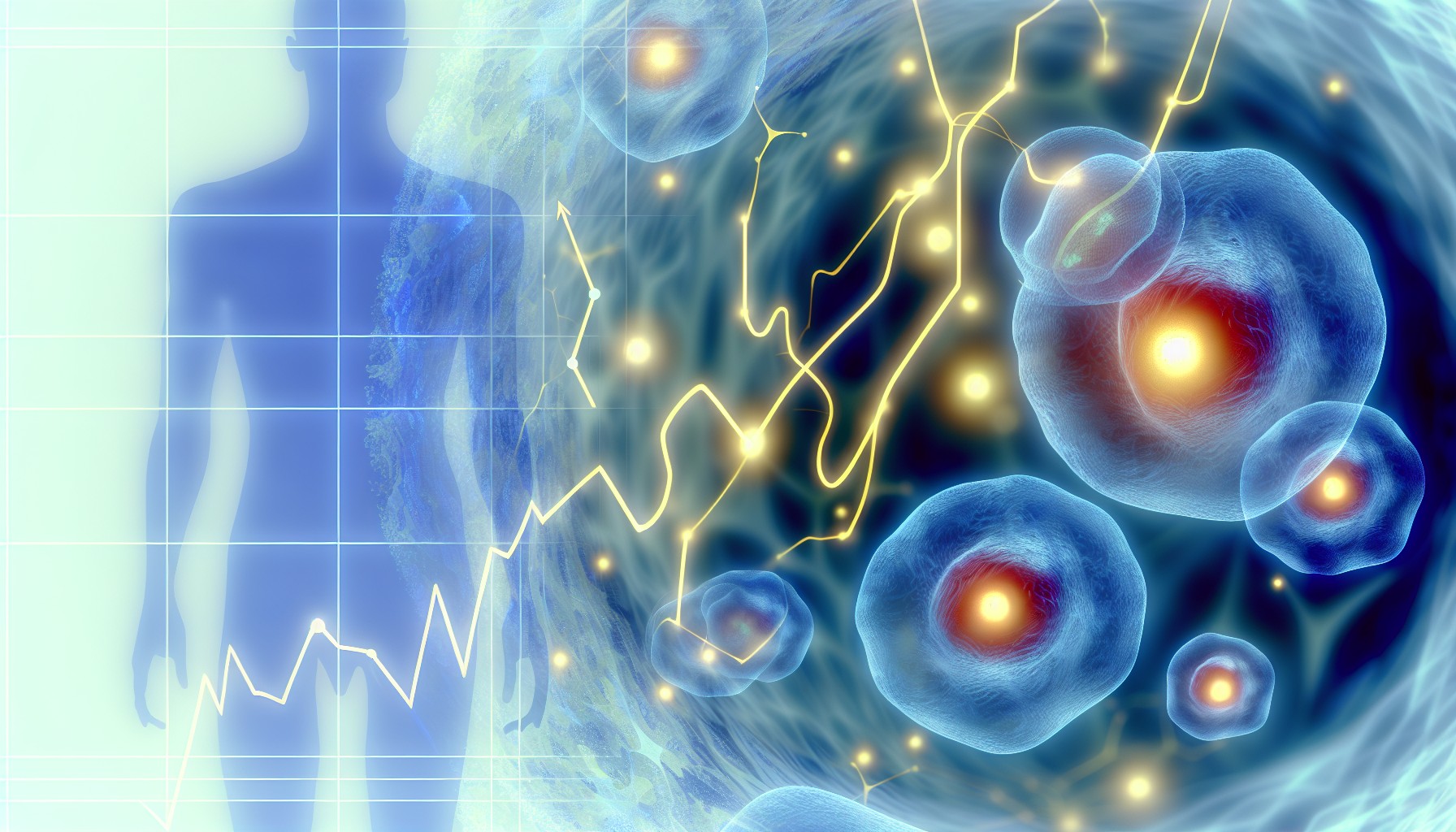 Abstract editorial illustration of CAR-T cell therapy with engineered T-cells targeting B-cells in a stylized bloodstream with a subtle stock chart line, blue and gold color palette