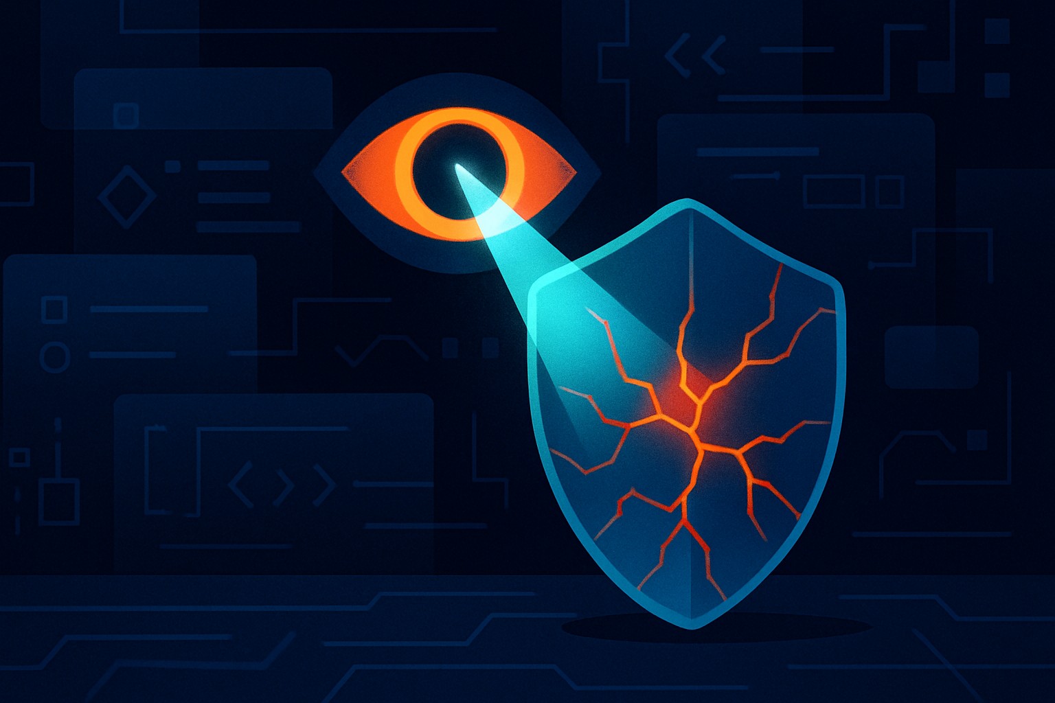 Abstract editorial illustration of a glowing AI eye scanning through layered digital interfaces, revealing red fracture lines representing zero-day vulnerabilities, with a teal protective shield