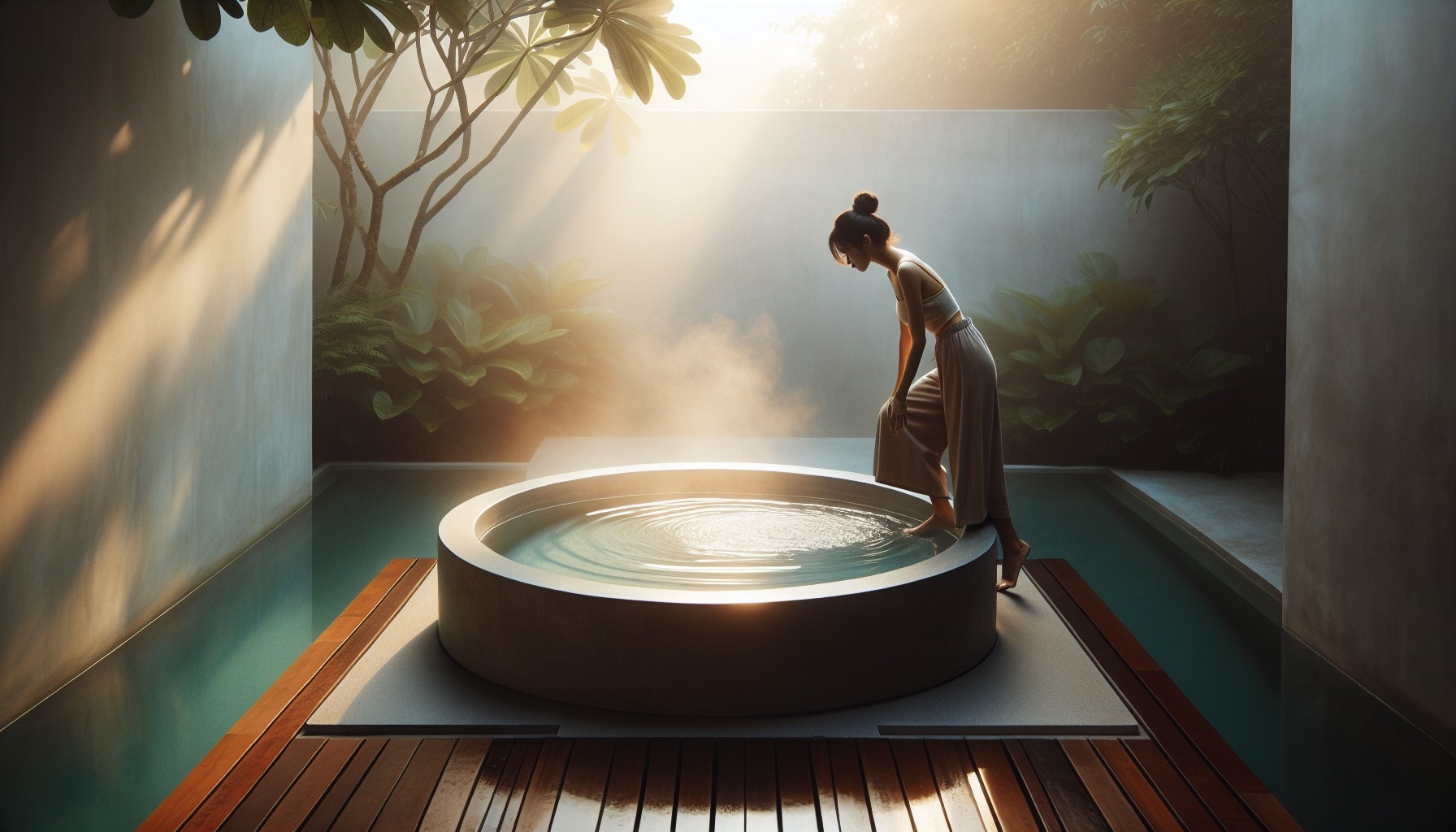 A person stepping into a simple cold plunge tub outdoors in the early morning
