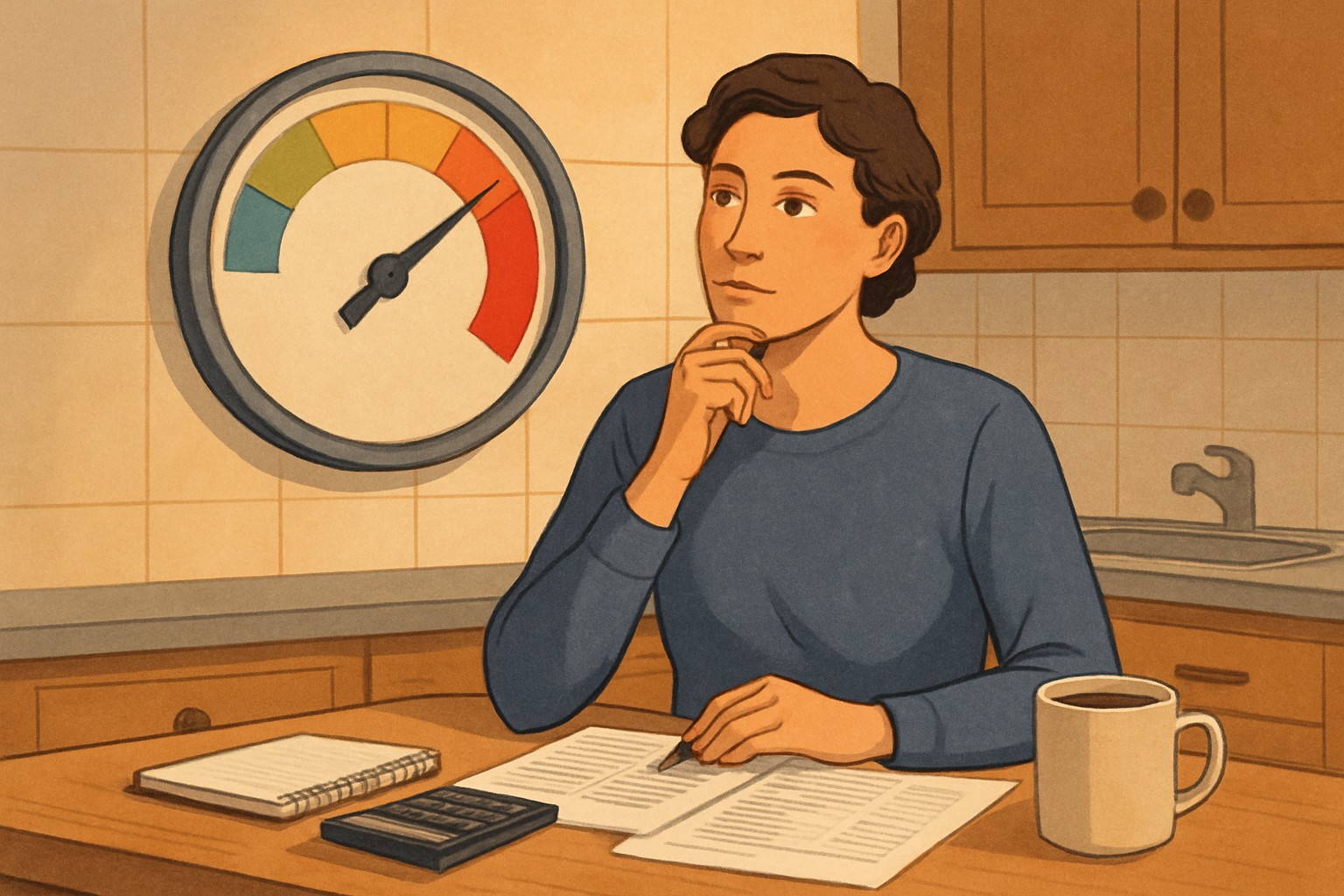 A person reviewing their personal finances at a kitchen table with a notebook and calculator