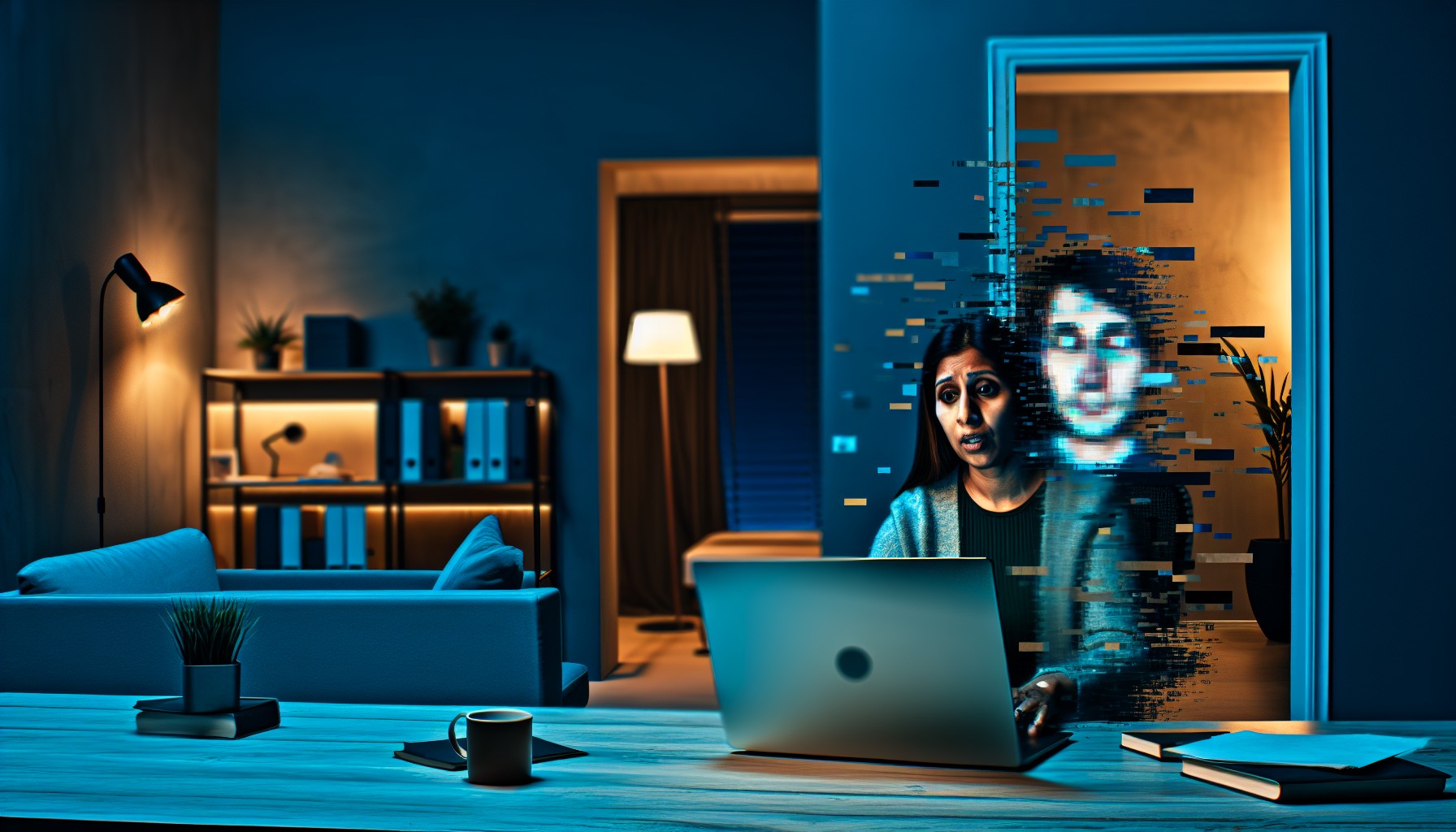 A person on a video call looking at their laptop screen where the other participant's face is subtly glitching, revealing it as an AI deepfake