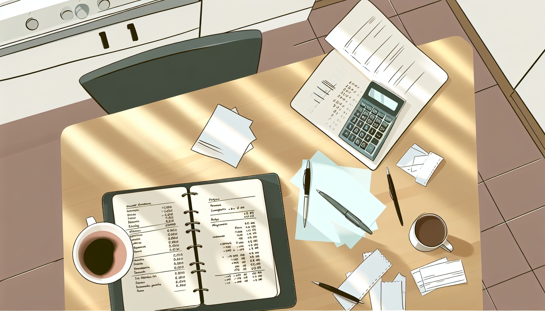 A calculator and notebook on a kitchen table with handwritten monthly expense figures