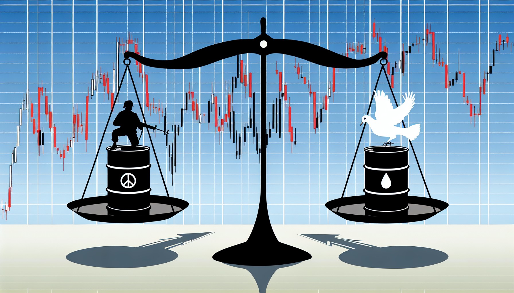 Stylized illustration of oil barrels balanced on a scale with a military conflict silhouette on one side and a peace dove on the other, with stock market chart lines in the background showing volatile energy prices