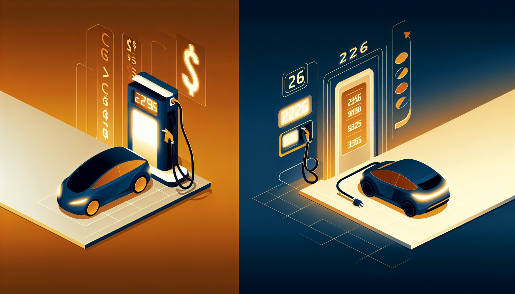 Split-screen editorial illustration comparing a gas pump with a car on the left and an electric vehicle at a charging station on the right, in warm amber and navy tones