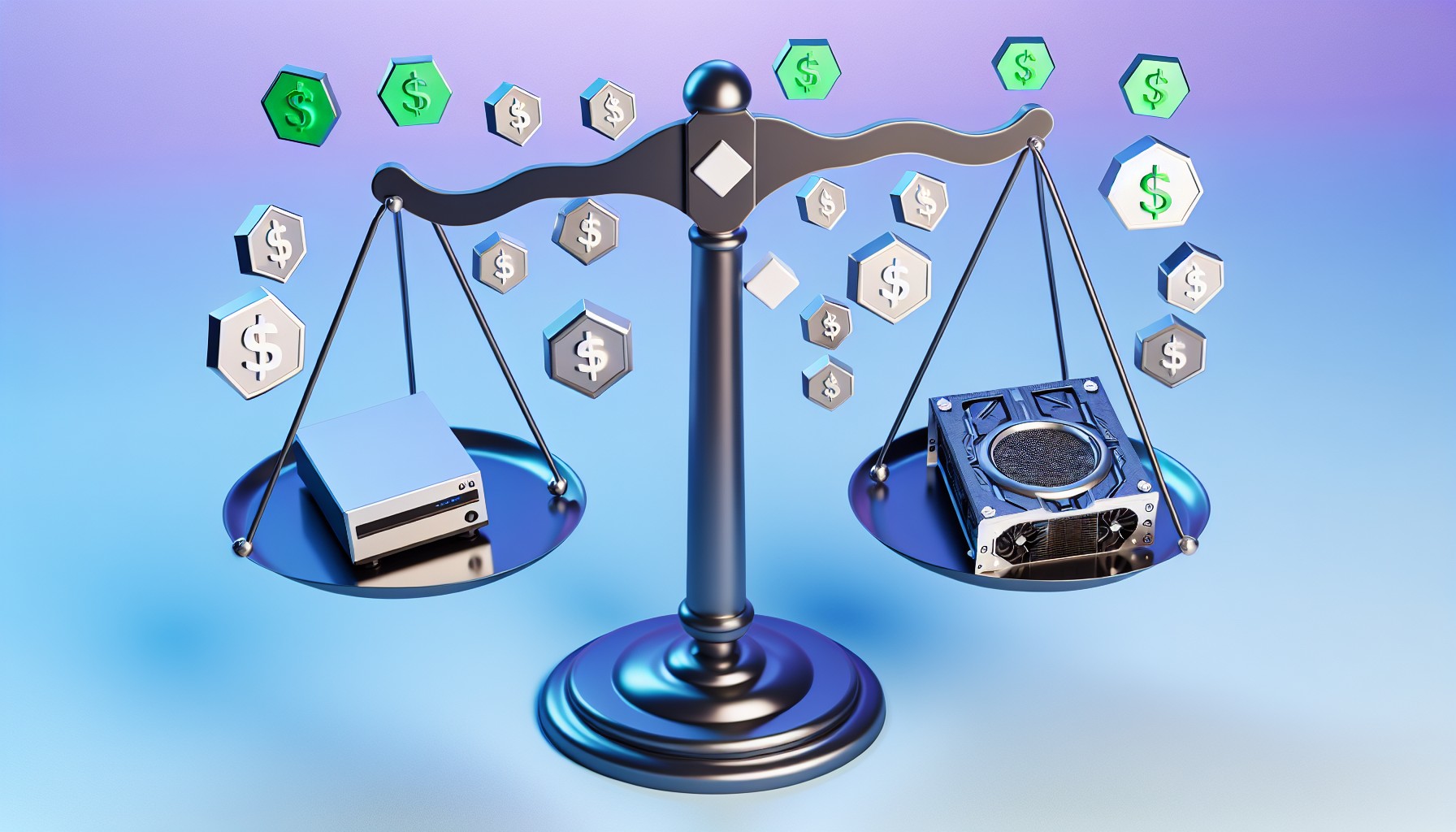 Editorial illustration of a balance scale with a compact desktop computer on one side and a GPU graphics card on the other, surrounded by floating dollar signs and hexagonal token icons, representing the cost comparison between local AI and cloud API services