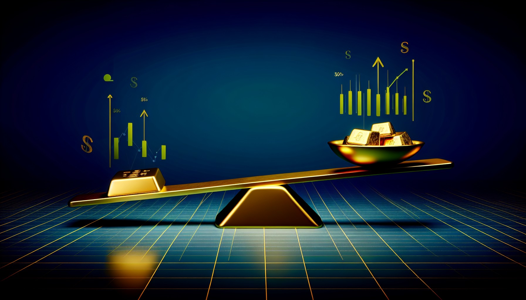 Stylized editorial illustration of a gold bar balanced on a seesaw with financial charts, representing the gold hedge versus bubble debate