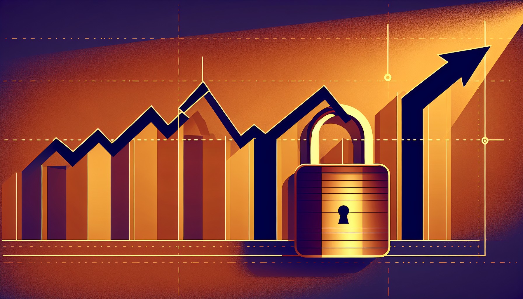 Editorial illustration of coins, savings jar, and upward-trending chart in amber and navy tones
