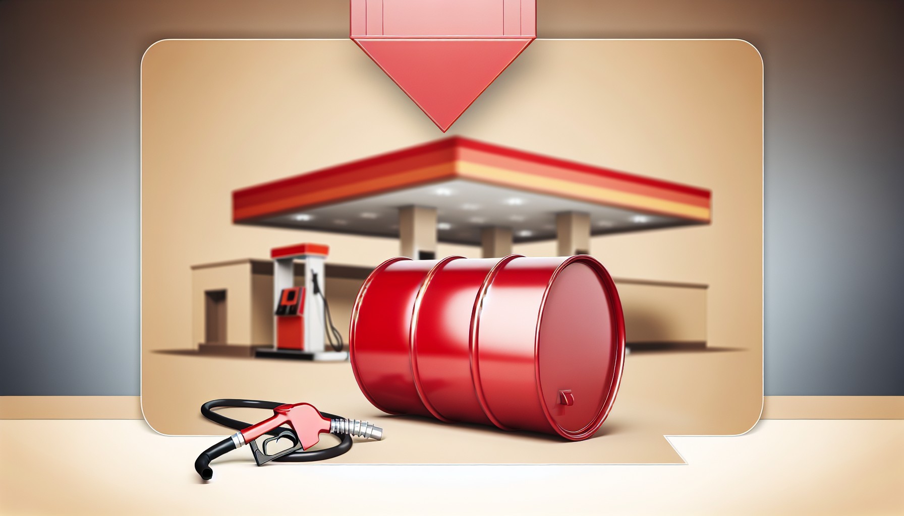 Editorial illustration of a red oil barrel with gas pump nozzle and gas station canopy in warm amber tones representing falling fuel prices