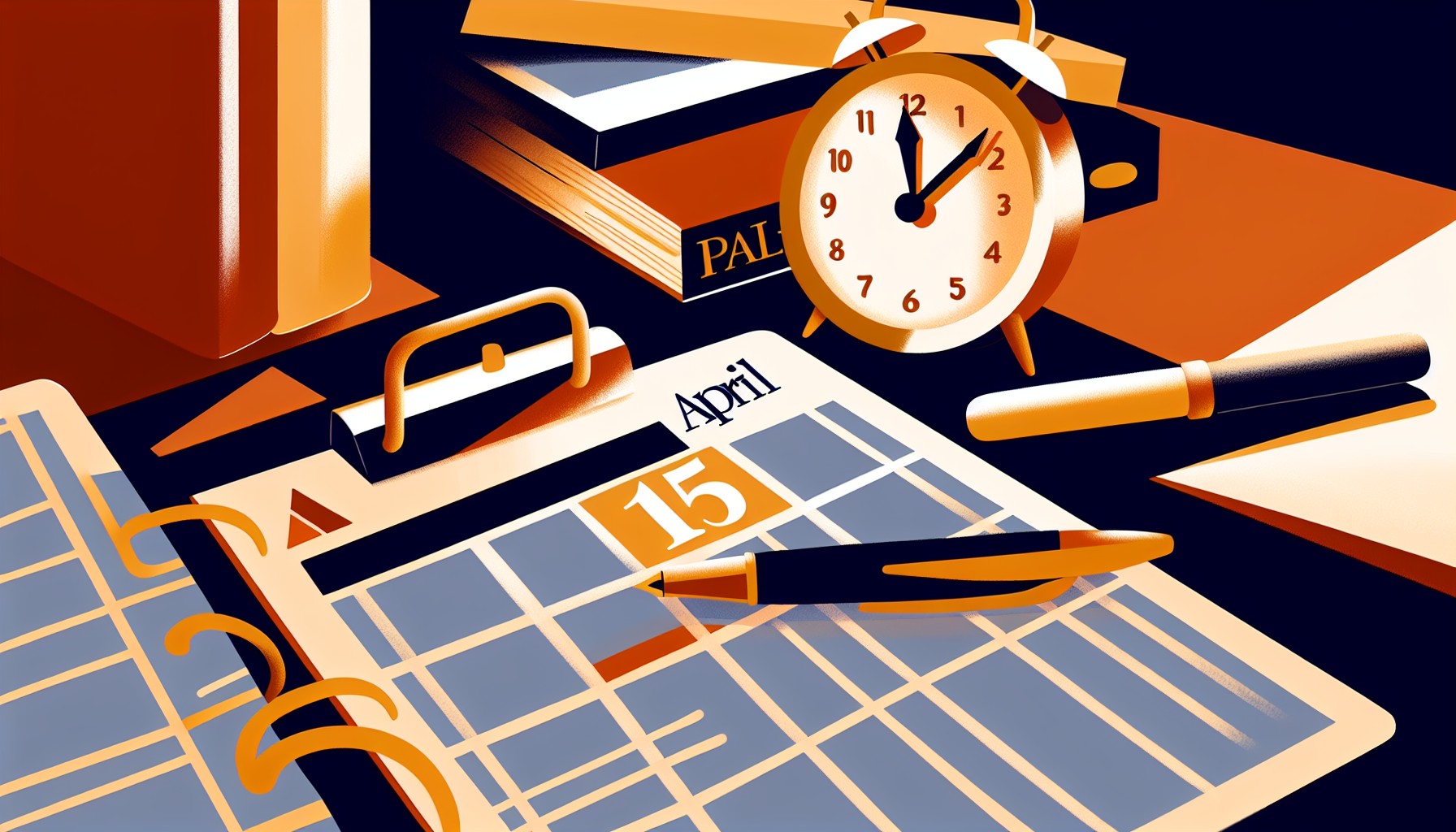 Editorial illustration of a calendar with April 15 circled, surrounded by tax documents and a pen, in a warm amber and navy editorial style