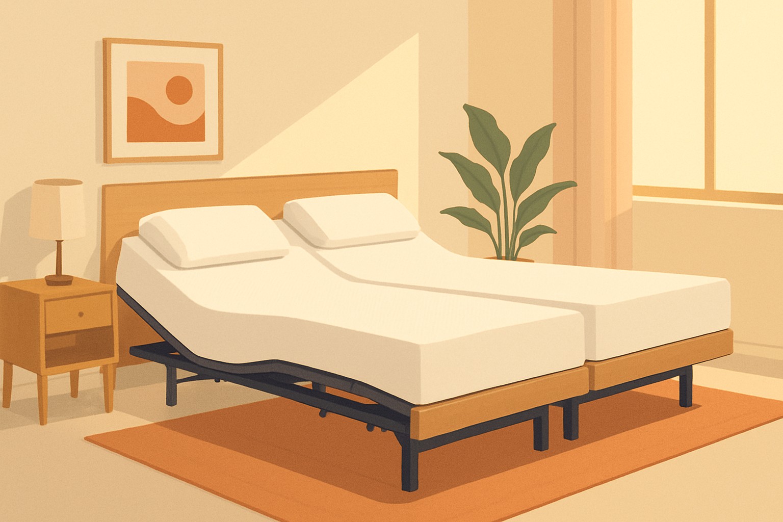 A modern bedroom showing a split king adjustable bed base with two memory foam mattresses and warm lighting