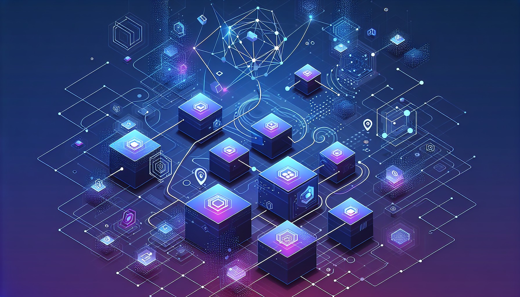 Abstract editorial illustration of interconnected digital nodes and protocol conduits in cool blues and purples, representing AI tool integration
