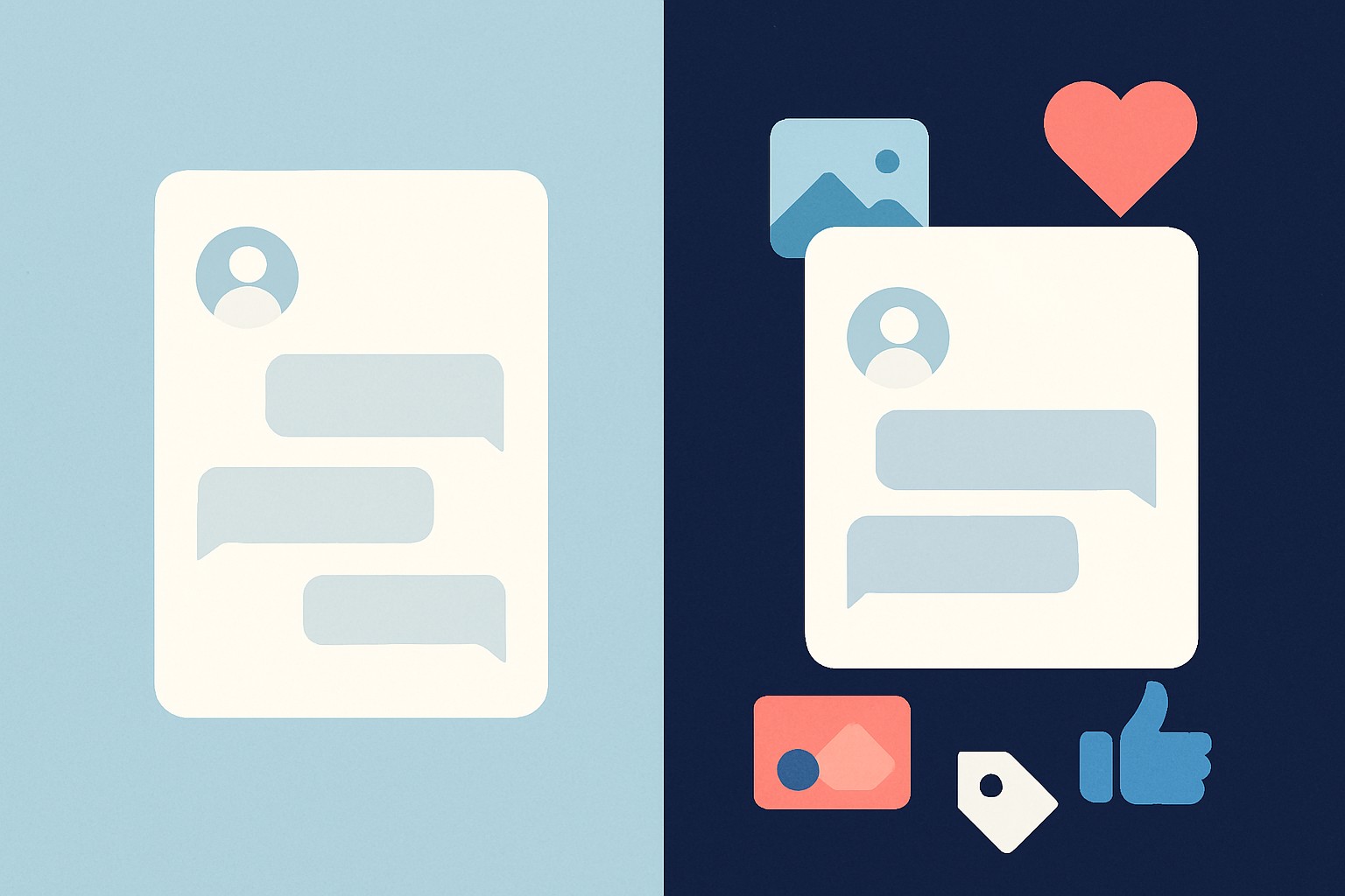Split-screen editorial illustration comparing a standalone AI chat interface on the left with a social-media-connected AI interface on the right, representing the data trade between ChatGPT and Meta Muse Spark