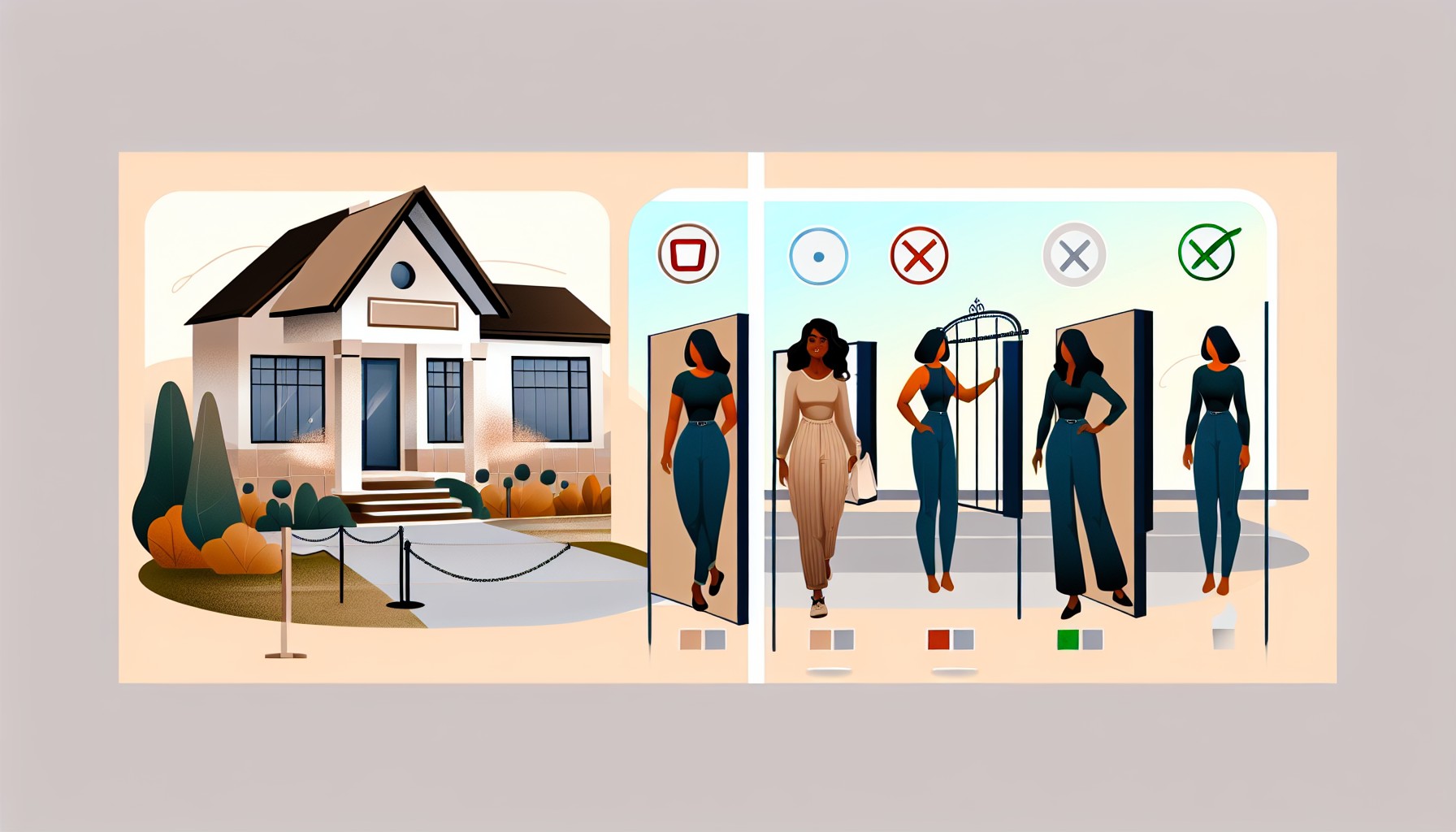 Stylized illustration of a house with a four-gate checklist system, showing homeowners being filtered through checkpoints