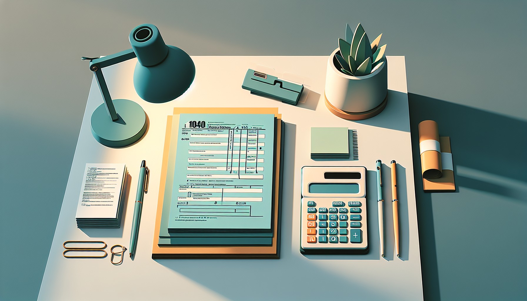 Clean illustration of tax documents, a 1040 form, and a calculator on a desk