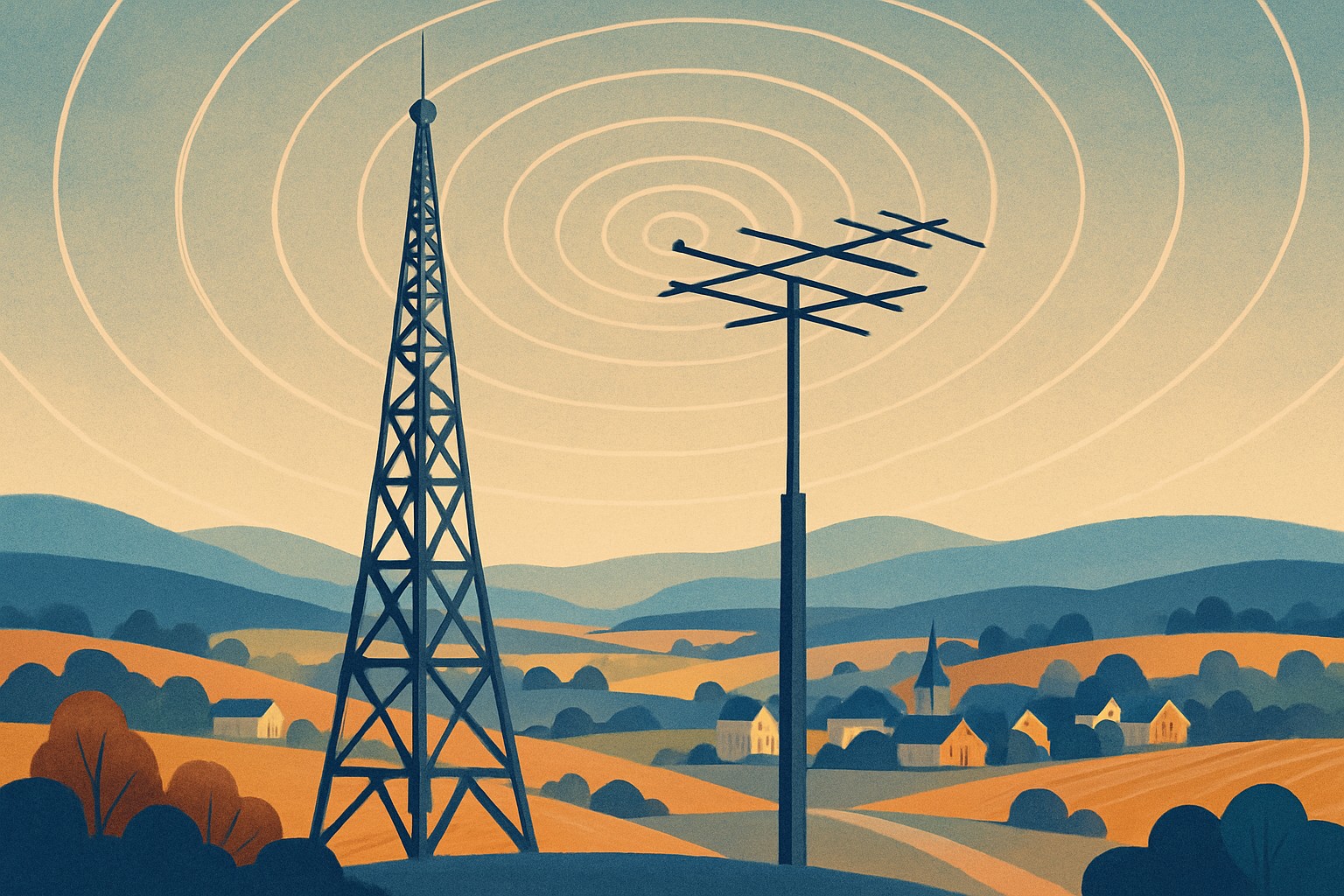 Stylized editorial illustration of a vintage radio tower and television antenna on an American landscape with signal waves radiating across rolling hills and small towns in warm blue and amber tones