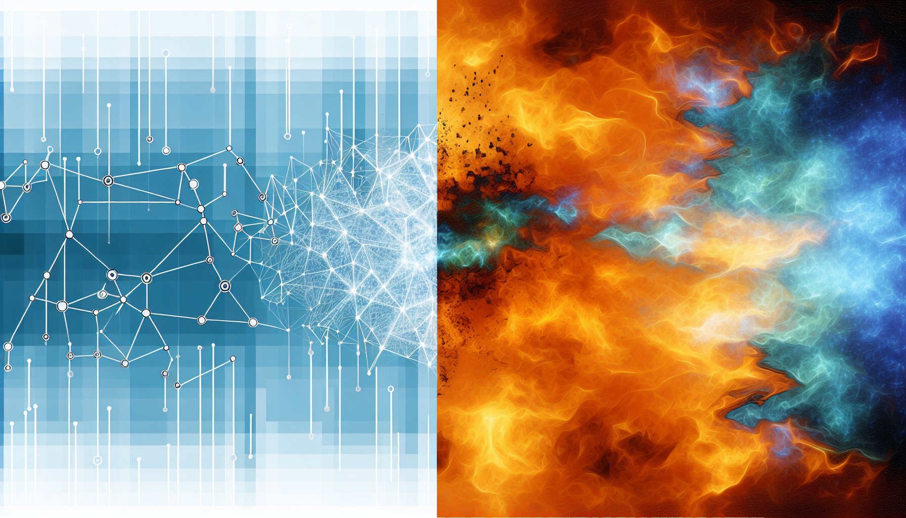 Split-screen illustration of two AI models — blue neural network representing consistency on the left, orange chaotic energy representing volatility on the right