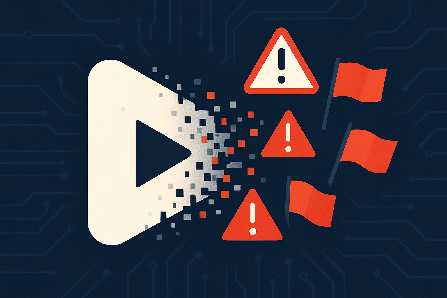 A stylized illustration of a video play button dissolving into digital particles, with warning signs and red flags emerging from the fragments, against a dark tech-themed background with subtle circuit board patterns