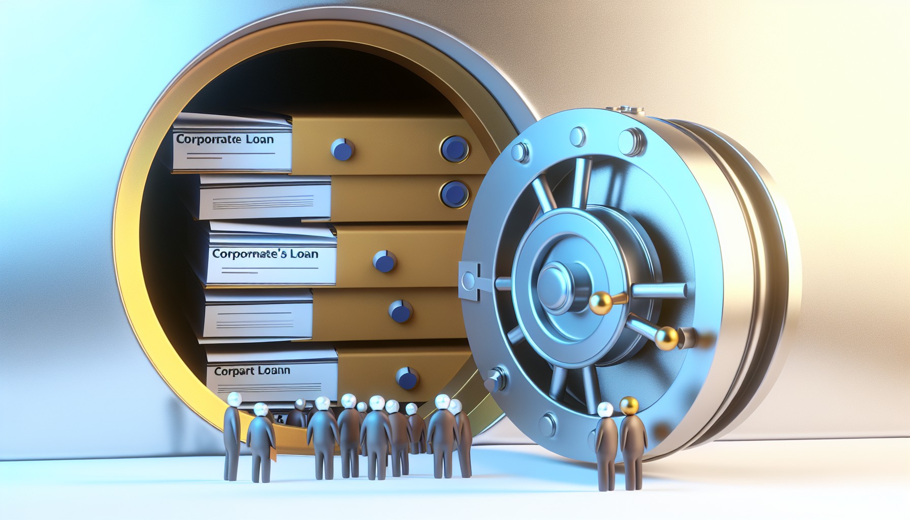 Stylized illustration of a locked vault door slightly ajar revealing stacks of corporate loan documents inside, with small retail investor figures standing outside examining the gap