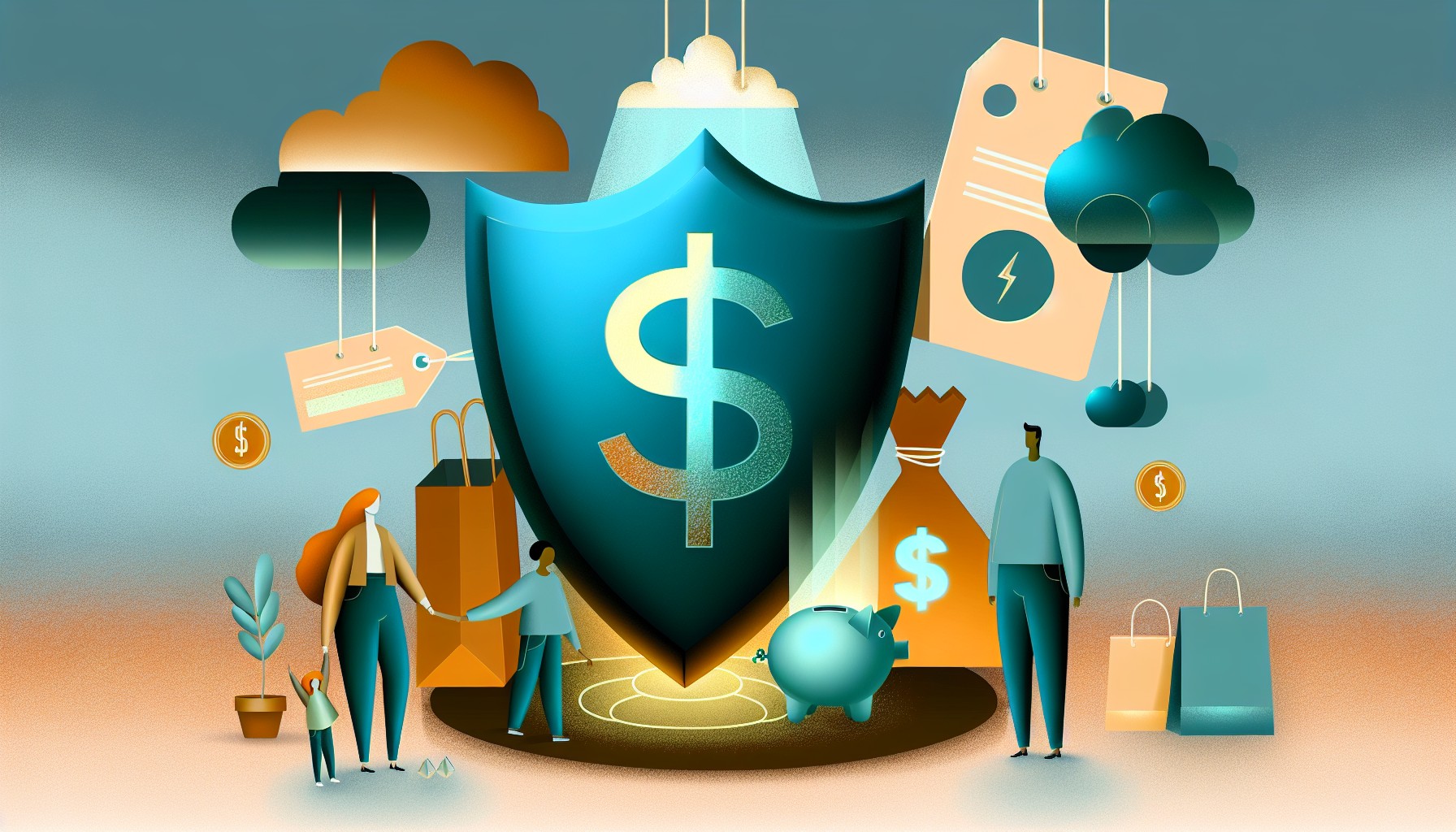 Stylized editorial illustration of a household budget shield defending against tariff costs and recession risk, with a family standing behind it and a glowing savings jar
