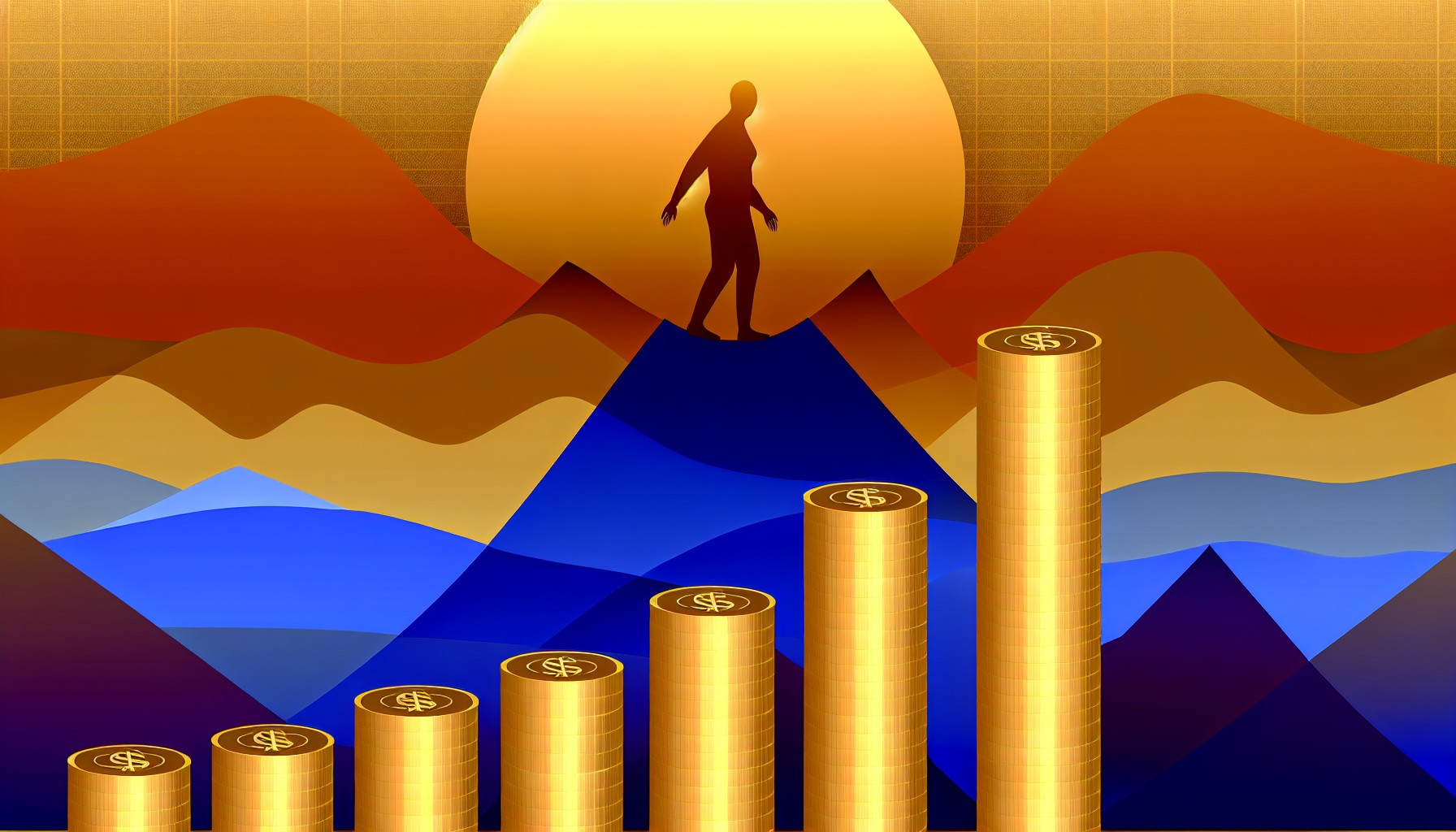Minimalist editorial illustration of ascending gold coin stacks that peak and then descend, with a small figure at the summit, symbolizing a retirement portfolio reaching its peak before declining