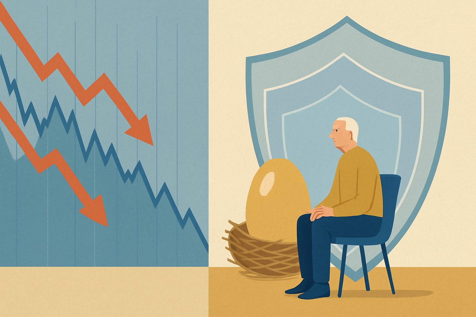 Stylized illustration showing a retirement timeline with layered shields protecting a nest egg during a stock market downturn, with falling charts on the left and protected savings on the right, in muted blues and golds