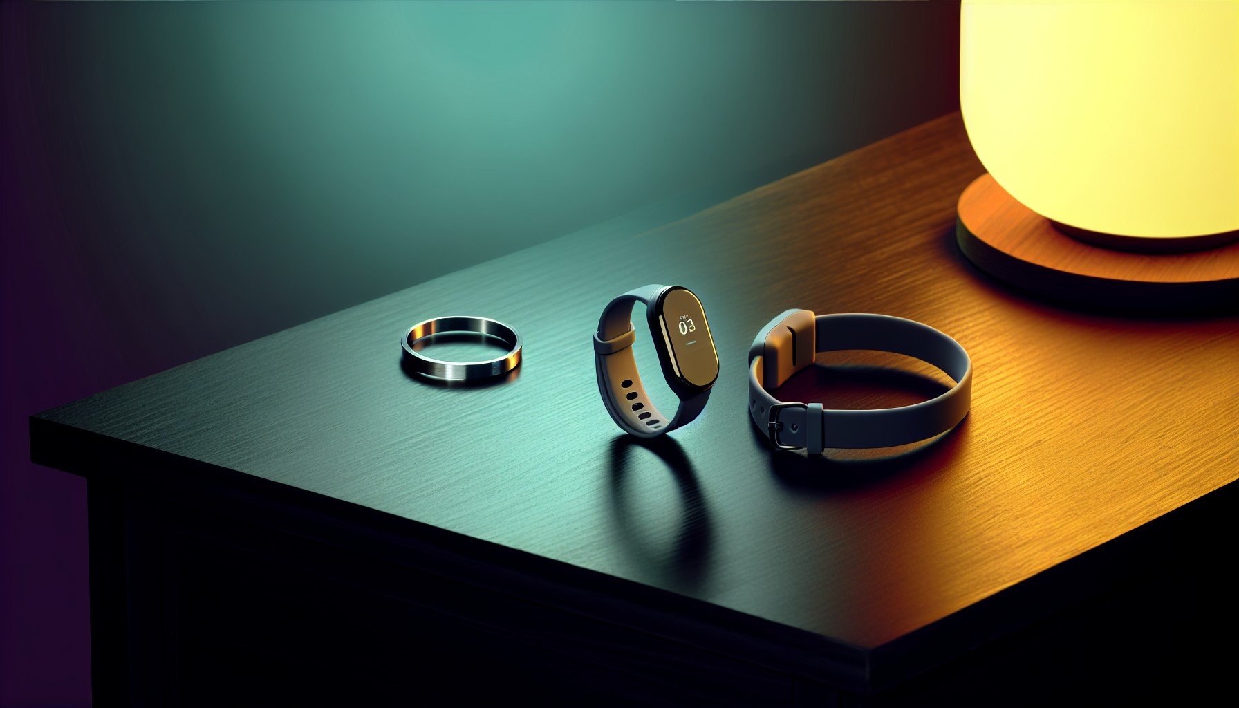 Three sleep tracking devices — a ring, an armband, and a smartwatch — displayed on a dark nightstand with soft blue ambient light