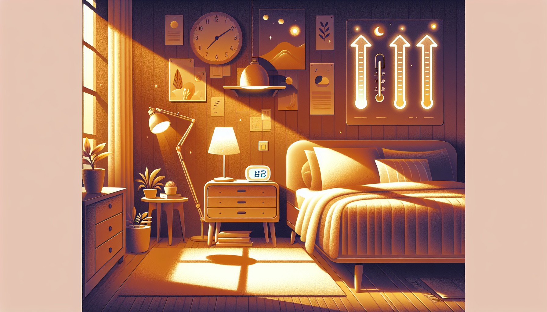 Editorial illustration of a person in a peaceful bedroom with layered sleep optimization elements — light therapy lamp, cool temperature dial, and a ranked tier list — in warm lifestyle illustration style