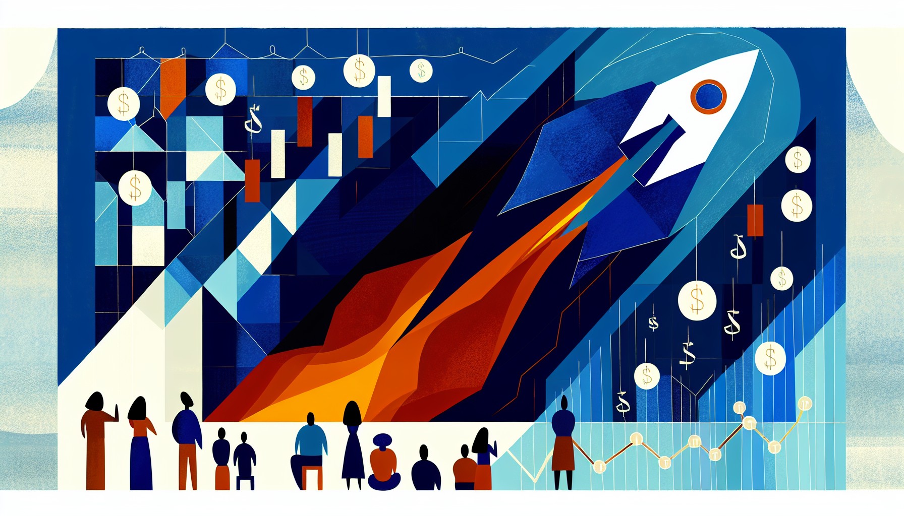 Stylized illustration of a rocket launching through financial charts with small figures watching from below