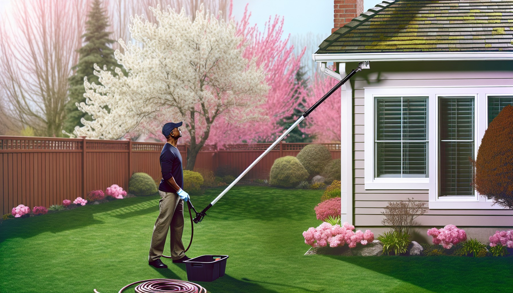 Homeowner using a telescoping pole to clean gutters from the ground on a spring day