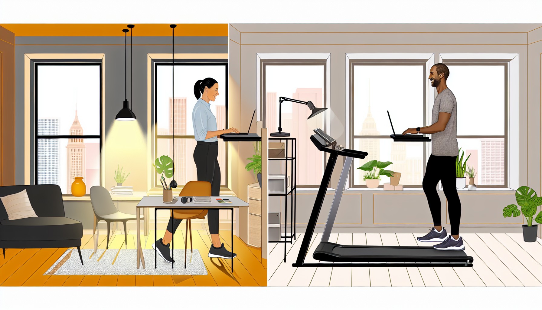 A split-view home office showing a person at a standing desk on the left and a person walking on a treadmill desk on the right in a bright minimal workspace