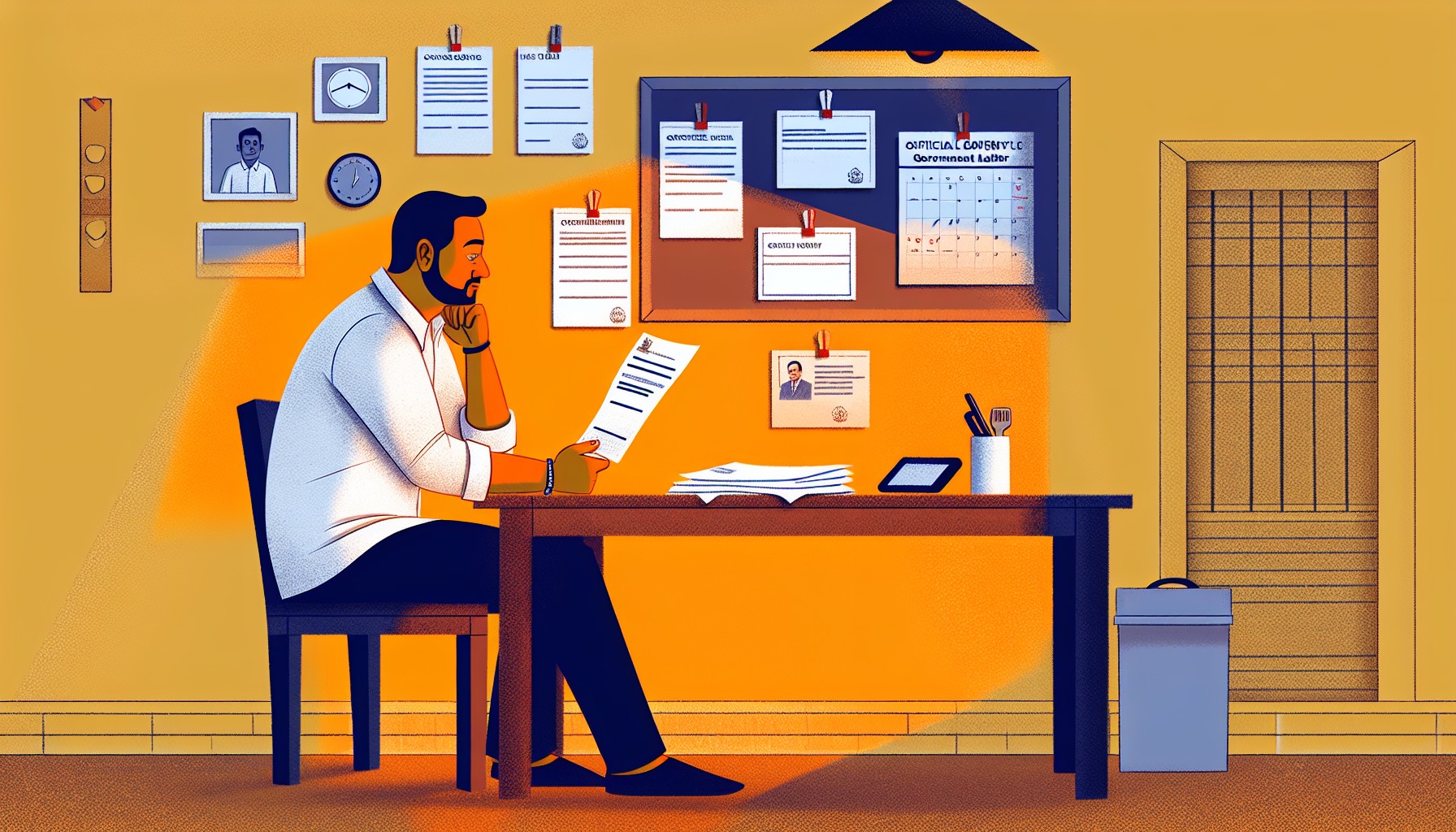A person at a kitchen table reviewing an official government letter with a calendar on the wall and documents nearby, conveying calm determination