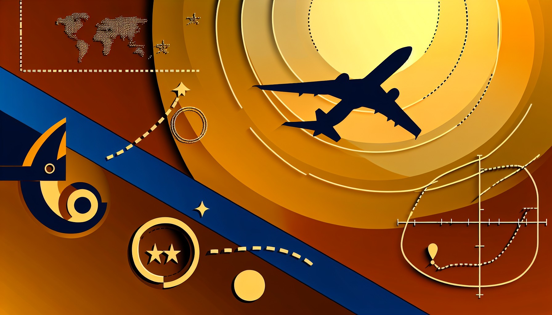 Editorial illustration of a commercial airplane soaring through warm golden summer skies with loyalty points symbols, star badges, and dotted flight paths over a stylized world map