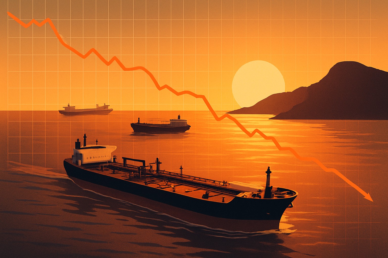 Aerial view of oil tanker ships navigating around Africa with a stylized futures price chart overlay in warm golden sunset lighting