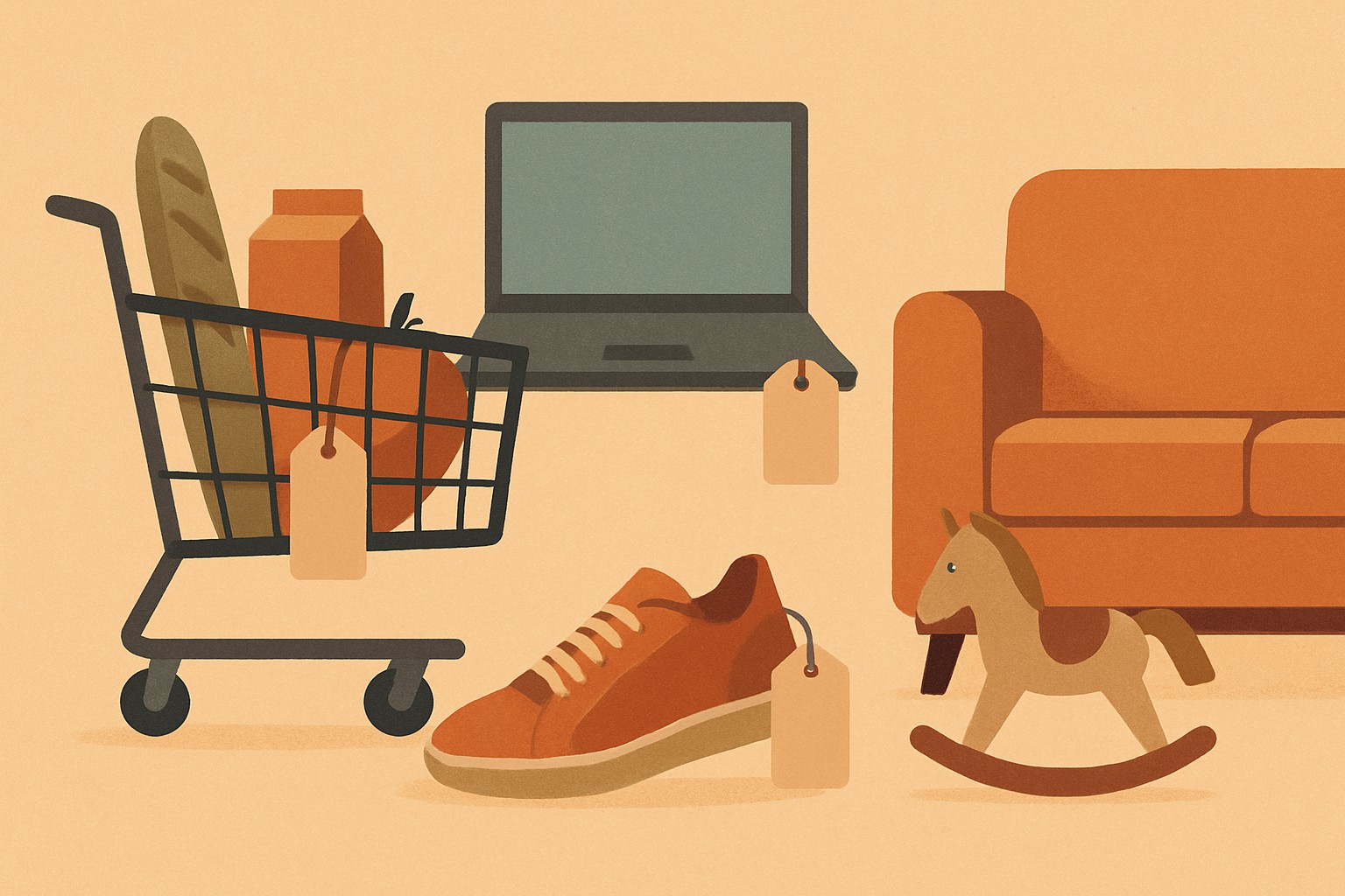 A stylized editorial illustration showing everyday household items — a shopping cart with groceries, a laptop, sneakers, a couch, and a toy — with subtle price tags showing increased costs