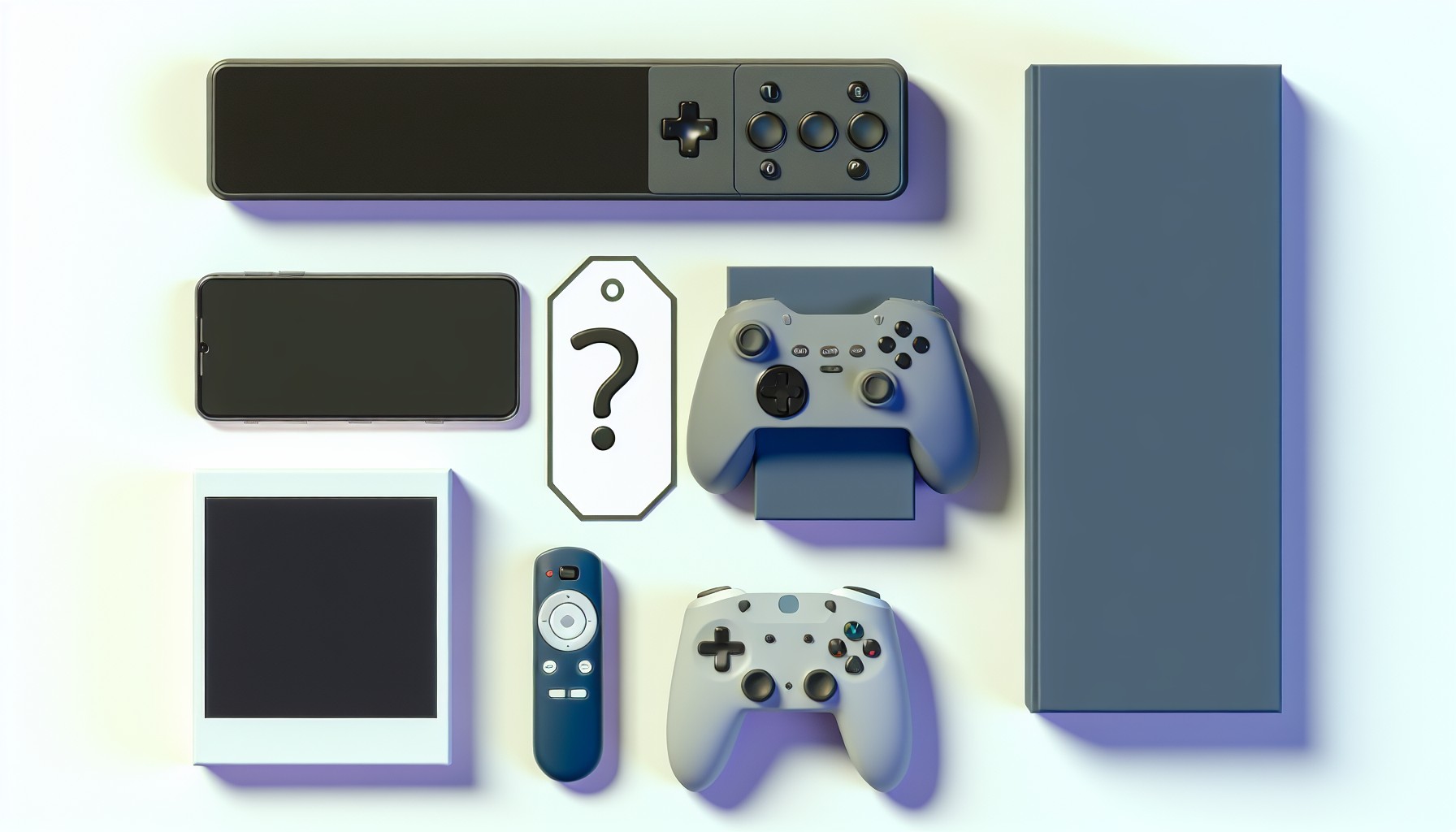 Flat-lay arrangement of consumer electronics including gaming controllers, smartphone, tablet, and TV remote with a question mark price tag