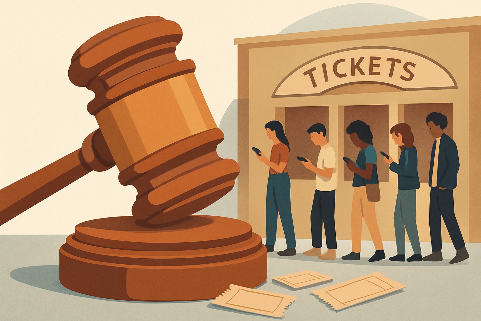 Editorial illustration of a gavel in the foreground with a concert venue ticket booth and fans checking their phones in the background, symbolizing the Ticketmaster antitrust verdict