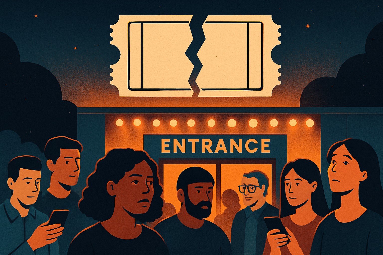 Stylized editorial illustration of a crowd of diverse concert fans standing outside a venue at night, with a giant torn ticket floating above them and warm amber stage lighting in the background
