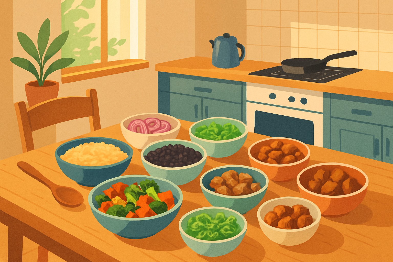 A warm, inviting kitchen scene showing a colorful modular meal spread on a wooden table with bowls of seasoned rice, roasted vegetables, black beans, and fresh toppings arranged for self-assembly