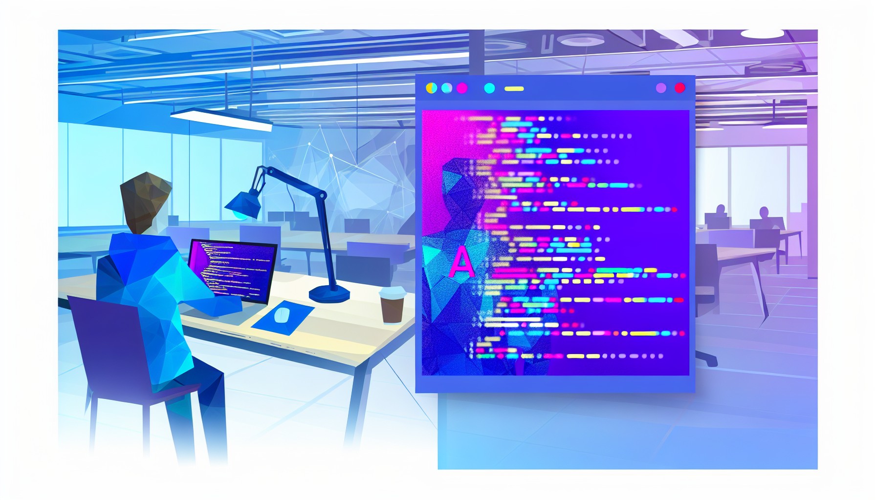 A non-programmer sitting at a laptop with code on screen and a thoughtful expression, soft studio lighting