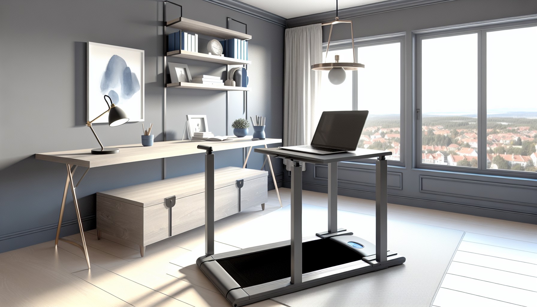 A compact walking pad under a standing desk in a bright home office, with a laptop, coffee mug, and morning light through the window