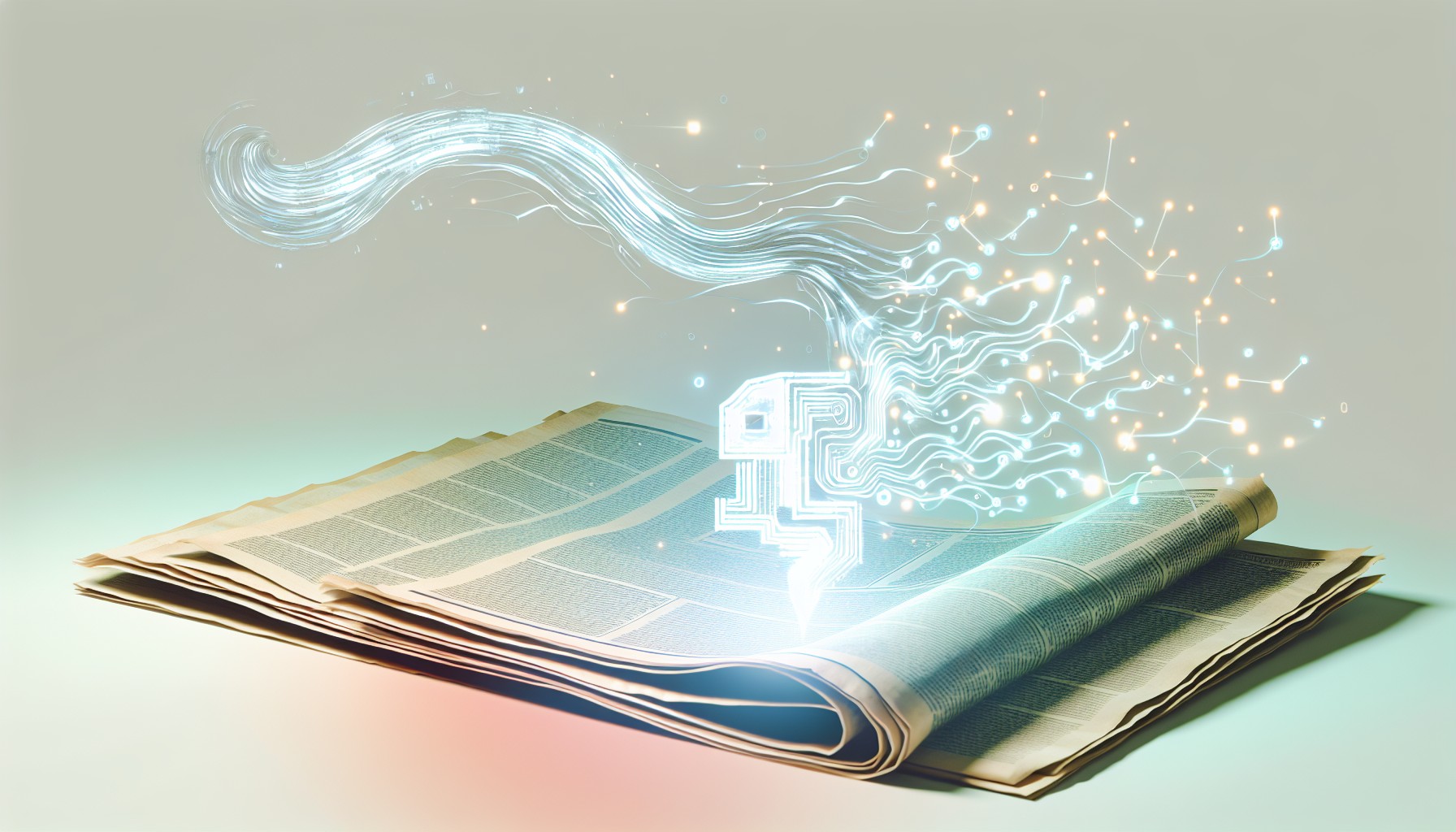 Abstract digital illustration of AI-powered content creation and publishing, with flowing data streams, newspaper pages, and glowing circuit patterns